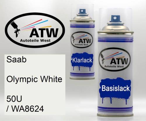 Saab, Olympic White, 50U / WA8624: 400ml Sprühdose + 400ml Klarlack - Set, von ATW Autoteile West.